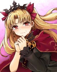 Rule 34 | 1girl, bad id, bad pixiv id, blonde hair, blush, cape, closed mouth, crying, crying with eyes open, earrings, ereshkigal (fate), fate/grand order, fate (series), frown, gradient background, hair ribbon, highres, jewelry, leaning forward, long hair, long sleeves, nappa (mukudoku6996), nose blush, own hands together, parted bangs, pink background, red cape, red eyes, red ribbon, ribbon, single sleeve, skull, solo, sparkle, tareme, tears, tiara, tohsaka rin, two side up, upper body