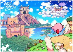 Rule 34 | absurdres, anniversary, blue sky, bug, butterfly, castle, cloud, forest, from behind, highres, bug, island, kirby, kirby&#039;s dream land, kirby (series), moon, mountain, nature, nintendo, no humans, ocean, rariatto (ganguri), scenery, sky, solo, star (sky), star (symbol), starry sky
