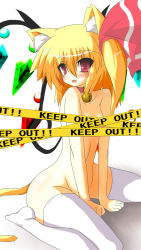 Rule 34 | 1girl, animal ears, bell, neck bell, blonde hair, blush, cat ears, cat girl, cat tail, censored, collar, collarbone, convenient censoring, crystal, female focus, flandre scarlet, flat chest, goma (gomasamune), hair ribbon, kemonomimi mode, nude, open mouth, red eyes, ribbon, short hair, side ponytail, solo, tail, thighhighs, touhou, white background, wings
