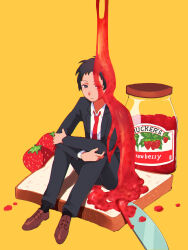 Rule 34 | 1boy, adachi tooru, black hair, black suit, bread, bread slice, brown eyes, brown footwear, butter knife, closed mouth, food, formal, fruit, highres, hugging own legs, jacket, jam, long sleeves, looking to the side, male focus, necktie, persona, persona 4, pouring, red necktie, shirt, short hair, sitting, sitting on food, solo, strawberry, suit, tedty33, white shirt, yellow background