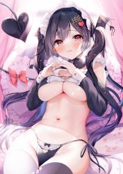 Rule 34 | 1girl, :3, :q, ayuma sayu, bikini, black hair, black panties, black thighhighs, blush, bonnet, breasts, cleavage cutout, clothing cutout, demon girl, demon tail, detached collar, english text, frills, hair ornament, hair ribbon, head wings, heart, heart cutout, heart hands, highres, large breasts, long hair, looking at viewer, lying, maid, maid bikini, navel, on back, original, panties, pillow, red eyes, ribbon, side-tie panties, smile, solo, swimsuit, tail, tail ornament, tail ribbon, thighhighs, tongue, tongue out, twintails, unconventional maid, underboob, underwear, wings