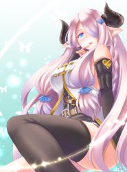 Rule 34 | 10s, 1girl, :p, bare shoulders, belt, black thighhighs, blue eyes, braid, breasts, curvy, draph, female focus, granblue fantasy, hair ornament, hair over one eye, horns, huge breasts, light purple hair, lips, long hair, looking at viewer, narmaya (granblue fantasy), piko (mea), pointy ears, sideboob, sitting, solo, thighhighs, tongue, tongue out, very long hair, wide hips