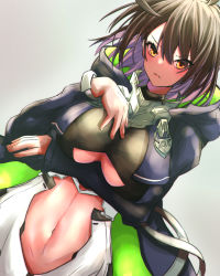 Rule 34 | 1girl, absurdres, ahoge, arm under breasts, azur lane, baltimore (azur lane), black shirt, blue coat, blush, braid, breasts, brown hair, center opening, clothing cutout, coat, commentary request, crop top, dutch angle, french braid, frown, grey background, hair between eyes, hand on own chest, highres, hood, hooded coat, large breasts, leotard, long sleeves, looking at viewer, midriff, multicolored coat, navel, navel cutout, open clothes, open coat, shirt, short hair, sidelocks, simple background, solo, standing, underboob, underboob cutout, upper body, white leotard, yagi (yagi5art), yellow eyes