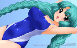 Rule 34 | 1girl, armpits, arms behind head, blue background, blue one-piece swimsuit, blunt bangs, braid, breasts, calendar (medium), canal vorfeed, cleavage, collarbone, competition swimsuit, cowboy shot, dutch angle, facial mark, forehead mark, from side, gradient background, green hair, highres, large breasts, long hair, lost universe, november, one-piece swimsuit, open mouth, parted bangs, purple eyes, skin tight, smile, solo, standing, sugimura tomokazu, swimsuit, thick eyebrows, twin braids, very long hair, wallpaper