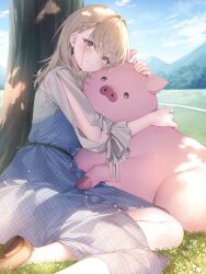 Rule 34 | 1girl, animal, animal hug, blonde hair, blush, braid, brown footwear, buta no liver wa kanetsu shiro, closed mouth, cloud, cloudy sky, cover, cover image, dress, earrings, french braid, frilled sleeves, frills, hair between eyes, jess (buta no liver wa kanetsu shiro), jewelry, long dress, long sleeves, looking at viewer, medium hair, mountain, multicolored eyes, novel illustration, official art, outdoors, pig, pig (buta no liver wa kanetsu shiro), shoes, sitting, sky, smile, socks, striped clothes, striped dress, sunlight, textless version, toosaka asagi, tree, white socks, yellow eyes
