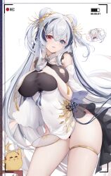 Rule 34 | 1girl, absurdres, azur lane, banchiyuebai, bare shoulders, blue eyes, breast curtains, breasts, chinese clothes, double bun, dress, elbing (azur lane), elbing (beauty beneath the spring limelight) (azur lane), hair bun, hair ornament, heterochromia, highres, large breasts, long hair, looking at viewer, manjuu (azur lane), official alternate costume, red eyes, solo, very long hair, white dress, white hair