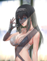 Rule 34 | 1girl, bandages, black hair, blue eyes, blurry, bra, breasts, cleavage, depth of field, drooling, hairband, highres, idolmaster, idolmaster cinderella girls, lace, lace-trimmed bra, lace trim, large breasts, lingerie, long hair, looking at viewer, mouth guard, nail polish, navel, sagisawa fumika, shadow, solo, underwear, underwear only, upper body, white bra