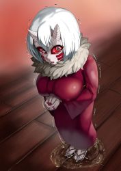 Rule 34 | 1girl, breasts, colored sclera, crying, crying with eyes open, female focus, highres, horns, japanese clothes, kimetsu no yaiba, kimono, large breasts, mukago (kimetsu no yaiba), oni, oni horns, pale skin, panicking, red sclera, shaking, short hair, solo, tattoo, tears, trembling, urinal, wet kimono, white hair, worried
