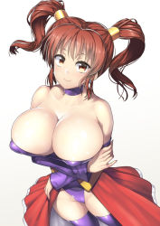 Rule 34 | 1girl, bare shoulders, breast lift, breasts, brown eyes, brown hair, choker, cleavage, covered erect nipples, crossed arms, detached sleeves, dragon quest, dragon quest viii, earrings, female focus, gradient background, huge breasts, jessica albert, jewelry, leotard, looking at viewer, low neckline, nagase haruhito, purple shirt, purple thighhighs, shirt, showgirl skirt, solo, thighhighs