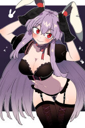 1girl alternate_costume animal_ears arms_up black_bra black_gloves black_panties black_sleeves black_thighhighs blush bollzzalguy bra breasts choker cleavage closed_mouth cowboy_shot detached_sleeves garter_belt gloves gluteal_fold hashtag-only_commentary highres large_breasts lingerie long_hair panties purple_hair rabbit_ears rabbit_pose red_choker red_eyes reisen_udongein_inaba ribbon_choker smile solo thighhighs touhou underwear very_long_hair