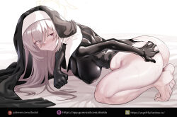 Rule 34 | 1girl, all fours, ass, barefoot, blue archive, blush, breasts, dodok (gj77230), female focus, from side, full body, grey hair, halo, highres, justina follower (blue archive), large breasts, leotard, long hair, looking at viewer, nun, paid reward available, purple eyes, sakurako (blue archive), smile, solo, veil