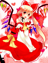 Rule 34 | 1girl, ahoge, bad id, bad pixiv id, bare shoulders, blonde hair, bow, cosplay, detached sleeves, fang, female focus, flandre scarlet, hair bow, hair tubes, hakurei reimu, hakurei reimu (cosplay), heart, if they mated, japanese clothes, long hair, miko, red eyes, side ponytail, solo, embodiment of scarlet devil, touhou, wings, yutazou