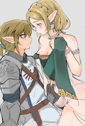 Rule 34 | 1boy, 1girl, armor, bare shoulders, blonde hair, blue eyes, breasts, cleavage, closed mouth, dress, earrings, grey background, hatenokatasumi, jewelry, lifting own clothes, link, long ears, medium breasts, nintendo, princess zelda, short hair, sidelocks, simple background, small ponytail, sweatdrop, the legend of zelda, the legend of zelda: tears of the kingdom, thick eyebrows