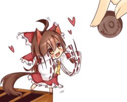 Rule 34 | 1girl, afterimage, ahoge, animal ears, ascot, blush, bow, box, brown eyes, brown hair, cat ears, cat girl, cat tail, chibi, coin, donation box, dress, fang, female focus, flapping, hair bow, hair tubes, hakurei reimu, heart, kemonomimi mode, lowres, mini person, minigirl, motion lines, on box, open mouth, outstretched arms, red dress, sleeves past wrists, smile, solo, tail, tosura-ayato, touhou