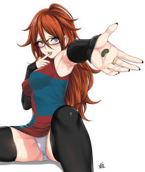 Rule 34 | 1girl, alternate legwear, android 21, armpits, bad id, bad pixiv id, bare shoulders, beans, black-framed eyewear, blue eyes, blush, breasts, brown hair, covered erect nipples, curly hair, detached sleeves, dragon ball, dragon ball fighterz, dress, earrings, finger lick, fingerless gloves, glasses, gloves, highres, hoop earrings, jewelry, licking finger, licking own finger, long hair, looking at viewer, medium breasts, nail polish, off shoulder, panties, pantyshot, presenting, red hair, seductive smile, senzu bean, simple background, sliva, smile, solo, spread legs, thick thighs, thighhighs, thighs, tongue, tongue out, underwear, white background, xter
