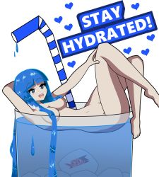 Rule 34 | 1girl, blue eyes, blue hair, blunt bangs, borrowed character, breasts, convenient censoring, drinking straw, english text, heart, highres, kelda (akairiot), liquid hair, long hair, medium breasts, monolith tk, navel, nude, open mouth, original, smile, solo, water, white background