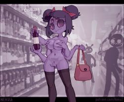 Rule 34 | 1girl, 2others, arthropod girl, bag, black sclera, black thighhighs, blush, bottle, bow, breasts, colored sclera, colored skin, covering privates, covering breasts, covering crotch, exhibitionism, extra arms, extra eyes, eyelashes, fangs, hair bow, handbag, highres, insect girl, large breasts, monochrome background, monster girl, muffet, multiple others, navel, neku zx, nekuzx, nude, public indecency, purple skin, shopping, solo focus, spider girl, standing, stomach, thigh gap, thighhighs, twintails, undertale, wine bottle