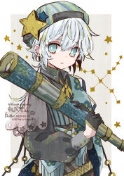Rule 34 | 1boy, androgynous, bloomminority, blue eyes, border, constellation, facing away, fantasy, gloves, grey background, highres, holding, holding telescope, long hair, long sleeves, looking at viewer, low ponytail, male focus, multicolored background, original, parted lips, ponytail, solo, star (symbol), telescope, white background, white border, white hair