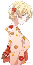 Rule 34 | 1girl, blonde hair, blue eyes, braid, closed mouth, commentary, cropped torso, darjeeling (girls und panzer), ei (akinosakae), floral print, from side, girls und panzer, hair ornament, japanese clothes, kimono, light smile, looking at viewer, obi, one-hour drawing challenge, pink kimono, print kimono, sash, short hair, simple background, solo, twintails, upper body, white background