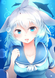 Rule 34 | 10s, 1girl, :d, absurdres, air bubble, blue eyes, blue hair, blush, bubble, cetacean tail, collarbone, commentary request, common bottlenose dolphin (kemono friends), dolphin, eyes visible through hair, fins, fish tail, gradient hair, hair between eyes, highres, kanzakietc, kemono friends, kemono friends 2, long hair, looking at viewer, multicolored hair, open mouth, sailor collar, short sleeves, smile, solo, tail, underwater, upper body, white hair
