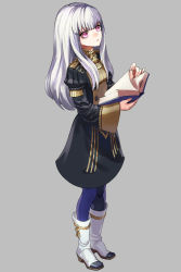 1girl blue_pantyhose book boots closed_mouth fire_emblem fire_emblem:_three_houses full_body garreg_mach_monastery_uniform grey_background high_heel_boots high_heels highres holding holding_book knee_boots kyarairo long_hair long_sleeves lysithea_von_ordelia nintendo open_book pantyhose pink_eyes simple_background solo white_hair