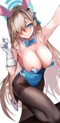 Rule 34 | 1girl, animal ears, arm up, armpits, asuna (blue archive), asuna (bunny) (blue archive), bare arms, bare shoulders, blonde hair, blue archive, blue eyes, blue leotard, blurry, bow, bowtie, breasts, brown pantyhose, bunny day, cleavage, depth of field, detached collar, fake animal ears, gloves, grin, hair over one eye, hair ribbon, hairband, halo, hand up, high heels, highleg, highleg leotard, highres, large breasts, leg up, leotard, long hair, looking at viewer, mole, mole on breast, official alternate costume, pantyhose, playboy bunny, rabbit ears, ribbon, skindentation, smile, solo, standing, standing on one leg, strapless, strapless leotard, thighband pantyhose, thighs, very long hair, white footwear, white gloves, white hairband, yuniiho