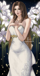 Rule 34 | 1girl, aerith gainsborough, aerith gainsborough (white floral dress), bare shoulders, brown hair, commentary, dress, english commentary, final fantasy, final fantasy vii, final fantasy vii rebirth, final fantasy vii remake, flower, gold saucer, green eyes, hands on own chest, highres, jewelry, lips, long hair, necklace, official alternate costume, official alternate hairstyle, open mouth, pink lips, signature, solo, square enix, strapless, strapless dress, wavy hair, wei (promise 0820), white dress, white flower, yellow flower