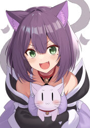 Rule 34 | 1girl, :3, :d, animal, animal ear fluff, animal ears, bare shoulders, bell, black jacket, bob cut, cat, cat ears, cat tail, commentary request, criss-cross halter, cropped torso, crossed arms, dress, green eyes, hair between eyes, halterneck, highres, holding, holding animal, holding cat, jacket, light blush, long sleeves, looking at viewer, mahcdai, mole, mole under eye, neck bell, off shoulder, open clothes, open jacket, open mouth, original, purple dress, purple hair, shirt, short hair, simple background, sleeveless, sleeveless shirt, slit pupils, smile, solo, spaghetti strap, tail, upper body, white background, | |