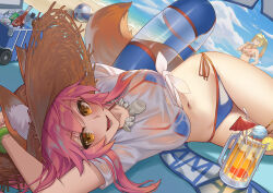 Rule 34 | 2girls, absurdres, ahoge, animal ear fluff, animal ears, arms behind back, beach, beach umbrella, bikini, bikini under clothes, blonde hair, blue bikini, blush, breasts, cleavage, cloud, cloudy sky, coca-cola, cooler, criss-cross halter, day, ears through headwear, faceless, fate/grand order, fate (series), food, food in mouth, fox ears, fox girl, fox tail, hair intakes, halterneck, hat, highres, holding, holding food, innertube, large breasts, long hair, looking at viewer, lying, multiple girls, navel, nero claudius (fate), nero claudius (fate) (all), nero claudius (swimsuit caster) (fate), ocean, outdoors, pink hair, red bikini, shirt, side-tie bikini bottom, sky, sling bikini top, smile, straw hat, striped bikini, striped clothes, swim ring, swimsuit, t-shirt, tail, tamamo (fate), tamamo no mae (fate/extra), tamamo no mae (swimsuit lancer) (fate), tamamo no mae (swimsuit lancer) (second ascension) (fate), twintails, type-moon, umbrella, water, wet, wet clothes, wet shirt, yellow eyes, zero yee