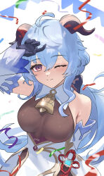 Rule 34 | 1girl, absurdres, ahoge, arm up, armpit crease, bell, blue hair, bodystocking, breasts, chinese knot, confetti, covering head, cowbell, detached sleeves, flower knot, ganyu (genshin impact), genshin impact, goat horns, gold trim, hair between eyes, hand up, highres, horns, large breasts, long hair, moti11kkk29, neck bell, one eye closed, pennant, purple eyes, sidelocks, solo, streamers, string of flags, white background, white sleeves