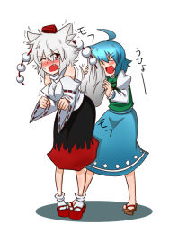 Rule 34 | &gt; &lt;, 2girls, ^^^, ahoge, animal ears, bad id, bad pixiv id, bare shoulders, blue hair, blush, breasts, closed eyes, detached sleeves, fang, hat, hugging another&#039;s tail, hugging tail, inubashiri momiji, looking at another, multiple girls, one eye closed, open mouth, pom pom (clothes), red eyes, ribbon-trimmed sleeves, ribbon trim, sandals, short hair, silver hair, simple background, skirt, sumiya nadateru, tail, tail grab, tatara kogasa, tears, tokin hat, touhou, translation request, trembling, white background, wolf ears, wolf tail