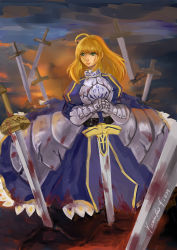 Rule 34 | 1girl, ahoge, armor, armored dress, artoria pendragon (fate), blonde hair, blood, dress, excalibur (fate/stay night), fate/stay night, fate (series), field of blades, gauntlets, green eyes, hair down, hands on hilt, long hair, planted sword, planted, saber (fate), signature, solo, sword, weapon, yumiko fion