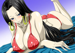 Rule 34 | 1girl, ass, bare arms, bare legs, bare shoulders, barefoot, bed, bikini, black hair, blue eyes, blush, boa hancock, breasts, butt crack, covered erect nipples, earrings, feet, jewelry, large breasts, legs, long hair, looking at viewer, lying, nel-zel formula, on stomach, one piece, red bikini, shiny skin, simple background, smile, solo, swimsuit, thighs, thong