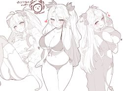 Rule 34 | absurdres, antenna hair, azur lane, backless dress, backless outfit, bare arms, bare shoulders, bikini, blush, bow, breasts, choker, cleavage, closed mouth, clothing cutout, collarbone, commentary request, dress, feet out of frame, from behind, full body, garter straps, gloves, hair between eyes, hair bow, hair ribbon, halterneck, hand up, headgear, heart, highres, knees up, large breasts, long hair, long sleeves, looking at viewer, looking back, lying, mole, mole on breast, monochrome, motion lines, moyoron, multicolored hair, multiple views, navel, official alternate costume, on back, panties, parted bangs, prinz eugen (azur lane), prinz eugen (cordial cornflower) (azur lane), prinz eugen (unfading smile) (azur lane), ribbon, short sleeves, shoulder cutout, side-tie bikini bottom, sideboob, simple background, sleeves past wrists, solo, spot color, streaked hair, string bikini, swimsuit, thighhighs, translation request, two side up, underwear, very long hair, white background