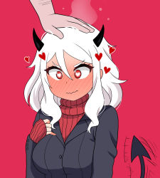 Rule 34 | 1girl, black horns, black suit, blush, breasts, demon girl, demon horns, demon tail, formal, headpat, heart, heart-shaped pupils, helltaker, highres, horns, large breasts, long sleeves, looking at viewer, modeus (helltaker), pink background, red eyes, red sweater, shirt, short hair, simple background, sleeves past wrists, solo, suit, sweater, symbol-shaped pupils, tail, the only shoe, turtleneck, v-shaped eyebrows, wavy mouth, white hair
