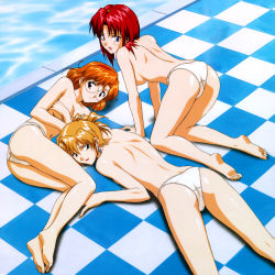 Rule 34 | 1990s (style), 3girls, absurdres, agent aika, aida rion, aika (series), all fours, ass, back, barefoot, blonde hair, blue eyes, breast hold, breasts, checkered floor, covering privates, covering breasts, day, earrings, feet, floor, full body, glasses, hair between eyes, hair up, highres, jewelry, kneepits, lipstick, lying, makeup, maypia alexymetalia, multiple girls, navel, no bra, open mouth, orange hair, outdoors, panties, panties only, perspective, pool, red hair, retro artstyle, short hair, sideboob, skindentation, smile, sumeragi aika, thighs, topfreedom, topless, underwear, underwear only, white panties, yamauchi noriyasu