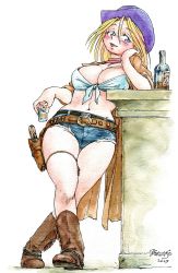 Rule 34 | 1girl, absurdres, alcohol, arm support, bar (place), blonde hair, blue eyes, blush, boots, breasts, cleavage, cowboy boots, cowboy hat, cowboy western, crossed legs, cutoffs, denim, denim shorts, ellie winslet, front-tie top, full body, gun, handgun, hat, head rest, highres, holster, large breasts, long coat, long hair, midriff, navel, neckerchief, original, revolver, shirt, short hair, shorts, signature, smile, solo, standing, tied shirt, weapon, whiskey, yabataso