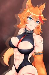 Rule 34 | 1girl, abs, ahoge, animal ear fluff, animal ears, artist name, between breasts, black collar, blue eyes, breasts, buffpup (vtuber), cleavage, collar, commentary, dog ears, dog girl, dog tail, english commentary, fang, highres, indie virtual youtuber, large breasts, looking at viewer, medium hair, monster girl, multicolored hair, navel, necktie, necktie between breasts, ophimon, orange hair, oversized forearms, oversized limbs, red hair, red necktie, smile, spiked collar, spikes, star-shaped pupils, star (symbol), streaked hair, symbol-shaped pupils, tail, virtual youtuber