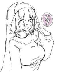 Rule 34 | 1girl, breasts, chamame, constricted pupils, cross, cross necklace, dress, female focus, greyscale, habit, hair between eyes, hand up, japanese text, jewelry, large breasts, long hair, long sleeves, monochrome, necklace, nun, sidelocks, simple background, sketch, solo, speech bubble, spot color, standing, talking, traditional nun, translation request, upper body, white background, yamada tae, zombie land saga
