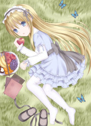 Rule 34 | 1girl, apple, bad id, bad pixiv id, blonde hair, blue eyes, book, bug, butterfly, feet, food, fruit, grass, hairband, highres, ikeda yuuki, insect, long hair, original, pantyhose, solo, white pantyhose
