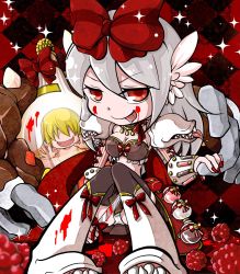 Rule 34 | 1boy, 1girl, :p, armor, blonde hair, blood, blood on face, blood splatter, boots, bow, breasts, brown skirt, brown thighhighs, checkered background, cleavage, closed mouth, commentary request, dieter (ragnarok online), flask, food, fruit, full body, genetic (ragnarok online), grey hair, hair between eyes, hair bow, head wings, highres, living clothes, long hair, looking at viewer, love morocc, medium breasts, midriff, miniskirt, nail polish, panties, pantyshot, pauldrons, ragnarok online, raspberry, red background, red bow, red eyes, red nails, round-bottom flask, shoulder armor, skirt, smile, sparkle, teeth, thighhighs, tongue, tongue out, underwear, vambraces, vial, white footwear, white panties, white wings, wings