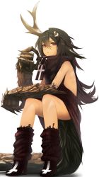 Rule 34 | 1girl, asymmetrical horns, bad id, bad pixiv id, broken horn, brown eyes, brown sweater, check commentary, claws, commentary request, cross, green hair, hair between eyes, high heels, highres, horns, large hands, leg warmers, long hair, looking at viewer, meme attire, original, savuxan, scales, simple background, sitting, sitting on tail, sweater, tail, uneven horns, virgin killer sweater, zipper pull tab