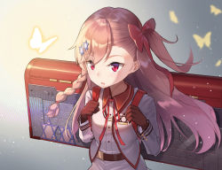 Rule 34 | 1girl, braid, bug, butterfly, child, girls&#039; frontline, gloves, weapon case, hair ornament, hair ribbon, hexagram, highres, bug, long hair, looking at viewer, negev (girls&#039; frontline), pink eyes, pink hair, ribbon, side ponytail, ssogari, star of david, aged down