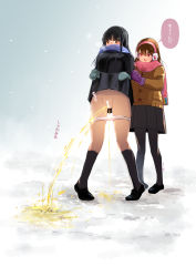 Rule 34 | 2girls, absurdres, assisted peeing, black hair, brown eyes, brown hair, censored, clothes lift, highres, lifting own clothes, migou, multiple girls, open mouth, original, outdoors, panties, panty pull, pee, peeing, puddle, pussy, scarf, skirt, skirt lift, smile, snow, standing, underwear