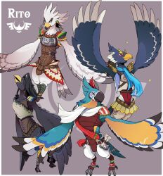 Rule 34 | 4boys, animal feet, anklet, arijuno, armor, arms at sides, arms up, artist name, beak, belt, bird boy, bird legs, bird tail, black fur, black hair, black wings, blue fur, blue hair, blue scarf, blue wings, blush stickers, body fur, border, braid, breastplate, claws, closed eyes, closed mouth, collarbone, english text, feather hair ornament, feathers, full body, furry, furry male, green eyes, grey background, grey fur, hair ornament, hair tubes, harth (zelda), highres, jewelry, kass, leg warmers, looking at viewer, looking up, male focus, medium hair, multicolored fur, multiple boys, nintendo, open mouth, outside border, outstretched arms, paper, quad tails, red feathers, revali, rito, scarf, scroll, sheet music, shirt, short hair, shoulder pads, signature, sparkle, spiked hair, spread arms, swept bangs, tail, teba (zelda), the legend of zelda, the legend of zelda: breath of the wild, twitter username, two-tone fur, u u, v-shaped eyebrows, white border, white fur, white hair, white scarf, white shirt, white wings, winged arms, wings, yellow eyes, yellow fur