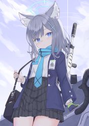 Rule 34 | 1girl, absurdres, animal ear fluff, animal ears, assault rifle, bag, bicycle, blazer, blue archive, blue eyes, blue jacket, blue necktie, blue scarf, cat ears, closed mouth, commentary, cowboy shot, cross hair ornament, gloves, green gloves, grey hair, gun, hair ornament, halo, high-waist skirt, highres, jacket, klaius, looking at viewer, medium hair, mismatched pupils, necktie, plaid, plaid skirt, pleated skirt, rifle, scarf, school bag, school uniform, shiroko (blue archive), shirt, shirt tucked in, shoulder bag, sig sauer 556, single glove, skirt, sky, solo, standing, striped clothes, striped scarf, weapon, white shirt
