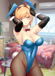 Rule 34 | 1girl, animal ears, armpits, arms up, bare shoulders, bed, black gloves, blonde hair, blue leotard, blurry, blurry background, blush, bow, bowtie, breasts, cleavage, collarbone, commentary request, covered navel, cowboy shot, day, detached collar, detached sleeves, elbow gloves, fake animal ears, fake tail, fine fabric emphasis, fishnet pantyhose, fishnets, gentsuki, gloves, groin, hairband, head tilt, highleg, highleg leotard, highres, indoors, large breasts, leotard, looking at viewer, orange eyes, original, pantyhose, playboy bunny, rabbit ears, rabbit tail, red bow, red bowtie, revision, shiny clothes, sidelocks, solo, standing, strapless, strapless leotard, table, tail, tsurime, window, wrist cuffs