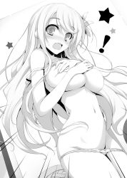 Rule 34 | 1girl, blush, breasts, covering privates, covering breasts, elise (koakuma teeri to kyuuseishu!?), greyscale, hair ornament, koakuma teeri to kyuuseishu!?, large breasts, long hair, monochrome, non-web source, open mouth, panties, solo, surprised, tomose shunsaku, underwear