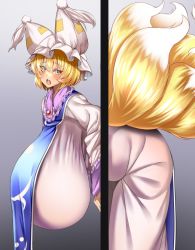 Rule 34 | 1girl, alternate breast size, animal ears, animal hat, blonde hair, blush, breasts, dress, fox ears, fox girl, fox tail, gigantic breasts, gradient background, grey background, hanging breasts, hat, immobilization, kitsune, kyuubi, leaning forward, looking at viewer, mob cap, multiple tails, open mouth, mob cap, pregnant, restrained, short hair, solo, standing, stuck, tabard, tail, through wall, touhou, white dress, wildcat (kusonemi), worried, yakumo ran, yellow eyes