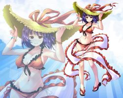 Rule 34 | 1girl, arms up, bikini, bracelet, breasts, cleavage, closed mouth, commentary request, frilled bikini, frills, front-tie bikini top, front-tie top, gluteal fold, hands on headwear, hat, hat ribbon, hirowa nagi, jewelry, large breasts, looking at viewer, nagae iku, navel, purple hair, red bikini, red eyes, red ribbon, ribbon, sandals, shawl, short hair, side-tie bikini bottom, smile, standing, sun hat, swimsuit, touhou, wet, zoom layer